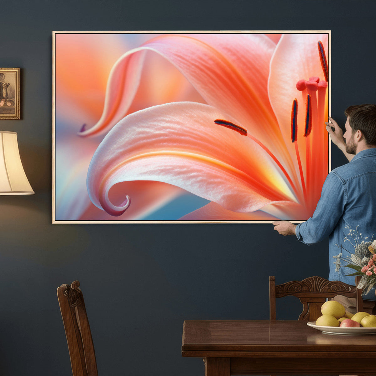 Peach Lily Canvas Wall Art, Coral Pink Flower Macro Photo Print, Botanical Decor