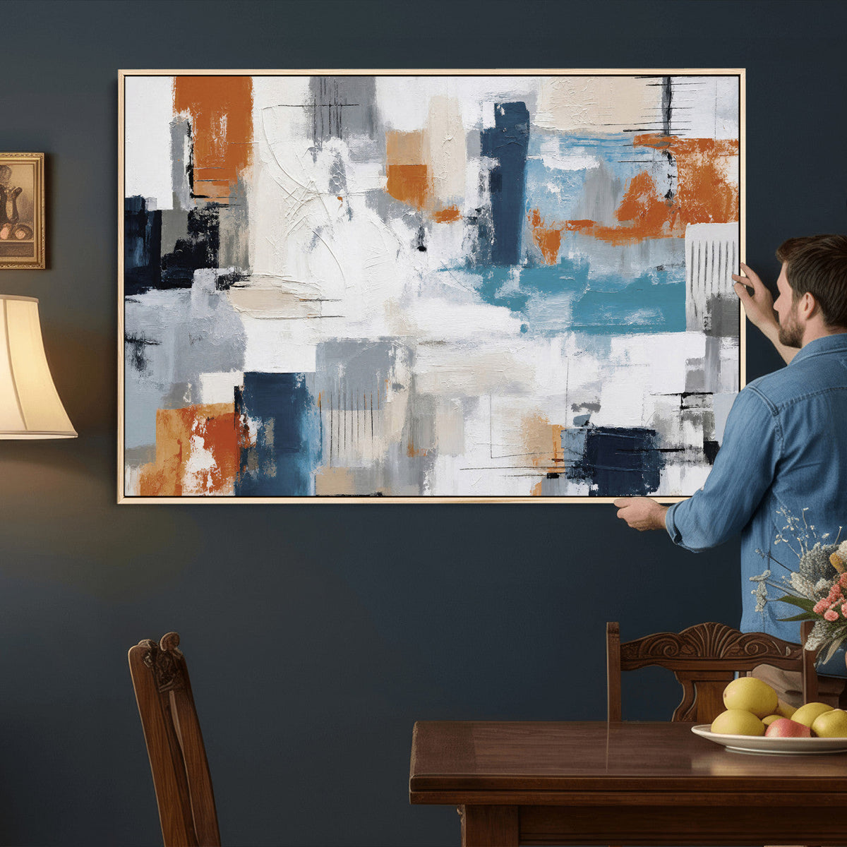 Blue Teal Abstract Canvas Wall Art, Modern Brushstroke Style Print, Navy Orange Contemporary Decor
