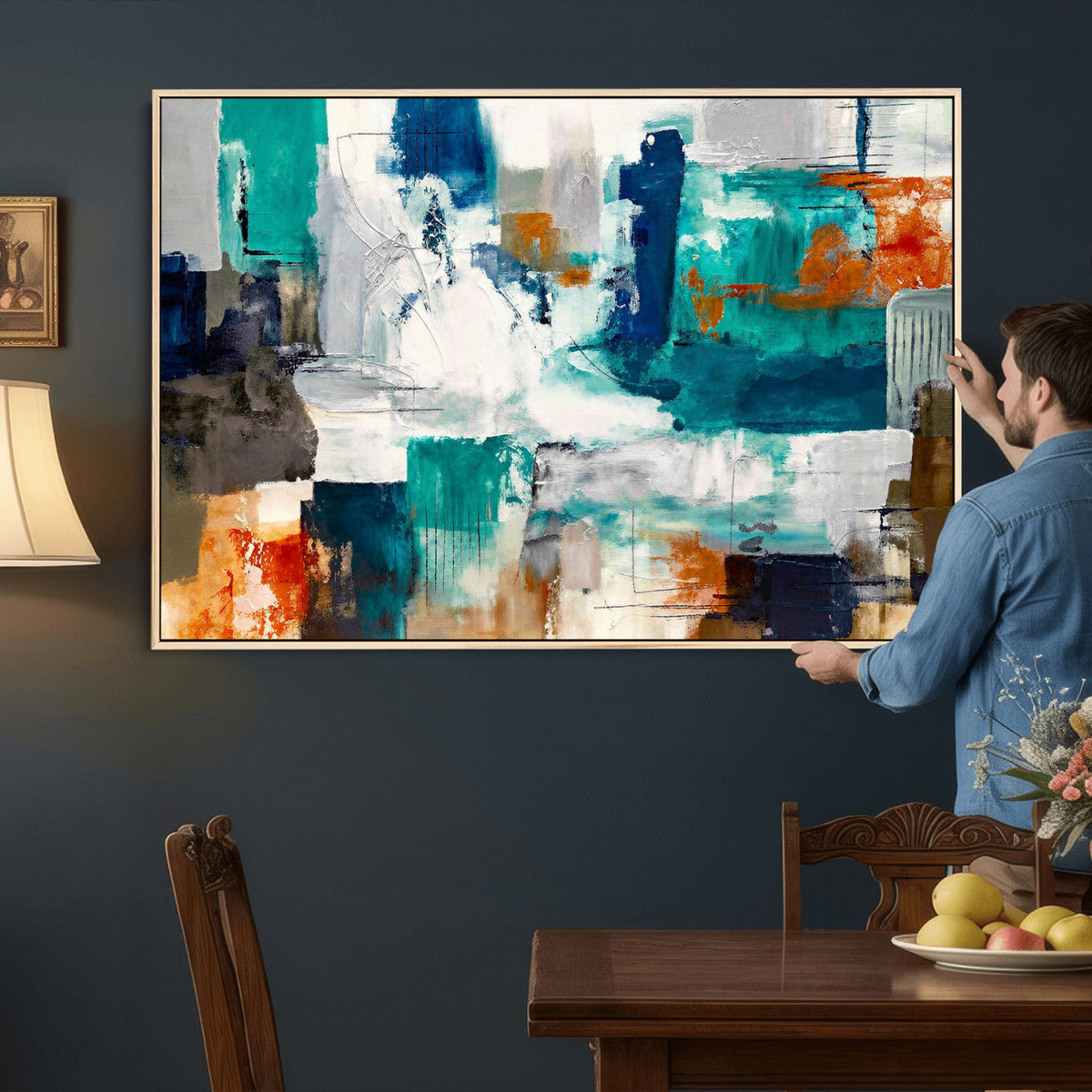 Blue Teal Abstract Canvas Wall Art, Modern Brushstroke Style Print, Navy Orange Contemporary Decor