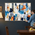 Blue Teal Abstract Canvas Wall Art, Modern Brushstroke Style Painting Print, Navy Orange Contemporary Decor