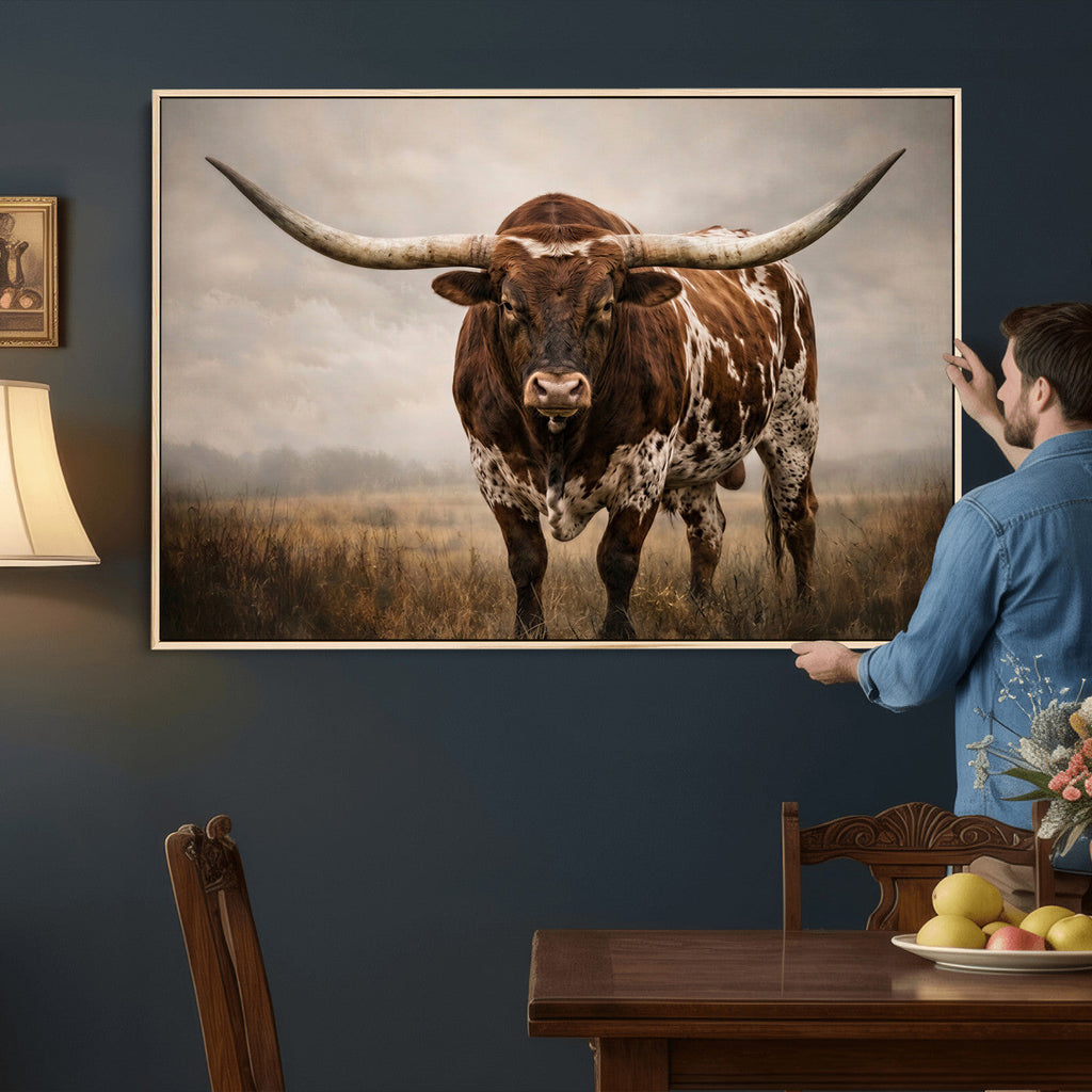 Texas Longhorn Wall Art Canvas Print | Brown Horned Bull Rustic Western Decor