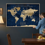 Custom Navy Push Pin World Map Canvas Print, Next Trip Planner Map, Bedroom and Entryway Decor