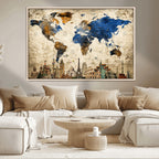 World Map Canvas Print | Vintage Blue and Gold World Map Wall Art