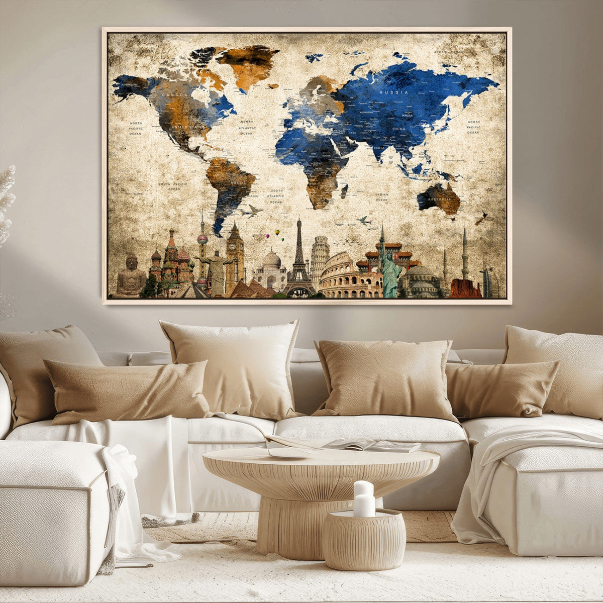 World Map Canvas Print | Vintage Blue and Gold World Map Wall Art