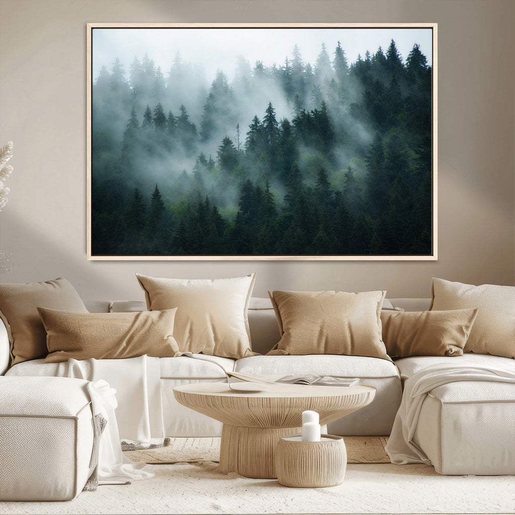 Misty Forest Wall Art | Serene Green Landscape Canvas Print