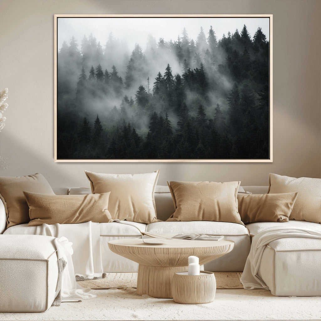 Foggy Forest Wall Art Canvas Print | 3 Panel Large Misty Landscape