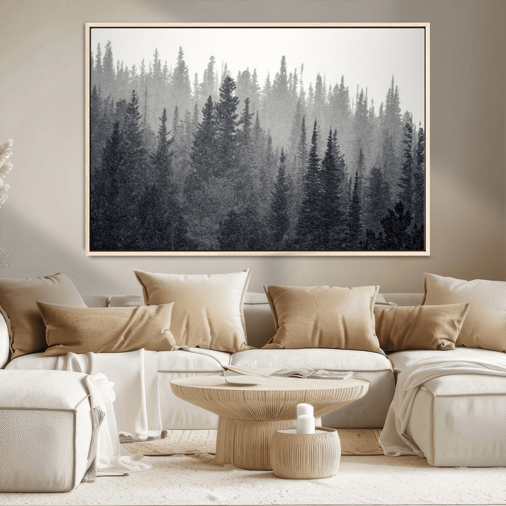 Misty Forest Canvas Wall Art | Monochrome Triptych Pine Tree Print