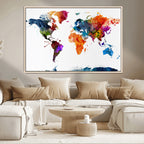 Bold Colorful World Map Canvas Print | Detailed Map of the World Wall Art