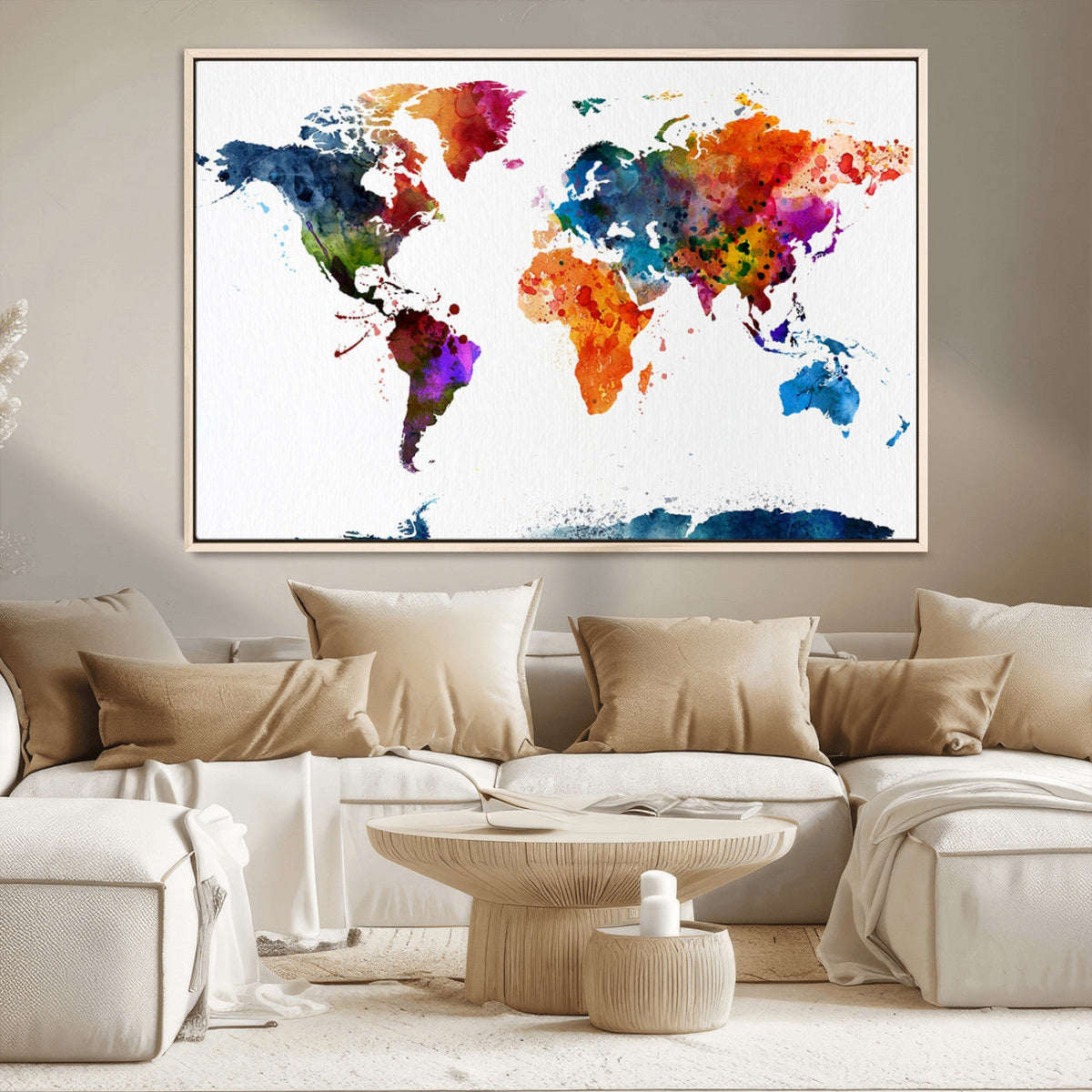 Bold Colorful World Map Canvas Print | Detailed Map of the World Wall Art