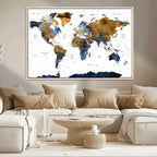 Modern Abstract World Map Canvas Wall Art | Framed Blue and Gold Map Print