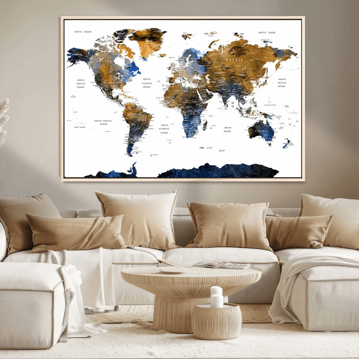 Modern Abstract World Map Canvas Wall Art | Framed Blue and Gold Map Print
