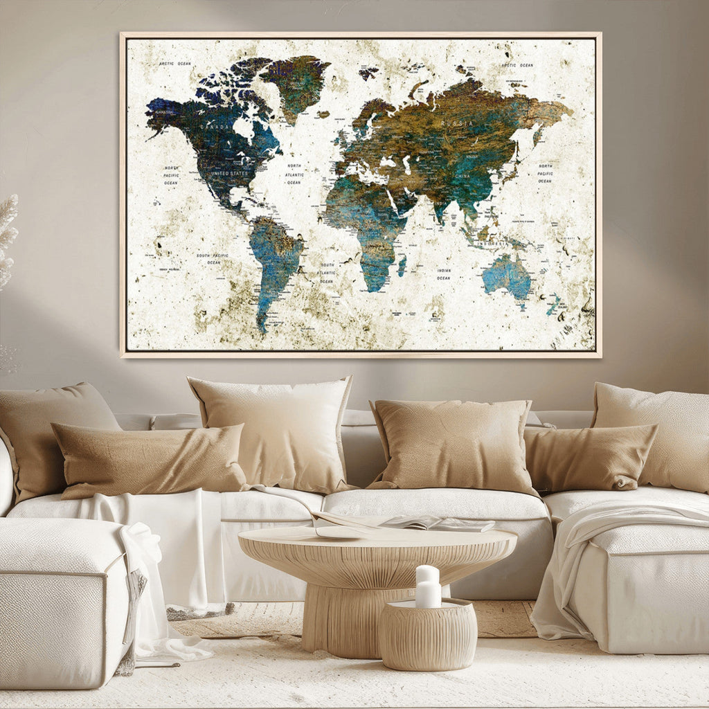 Vintage World Map Wall Art Canvas Print, Framed Rustic Earth Tone Map