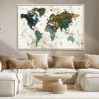 Vintage World Map Wall Art Canvas Print, Framed Rustic Earth Tone Map