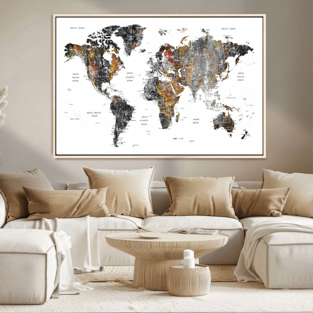Modern Metallic World Map Canvas Wall Art | Framed Contemporary World Map Print