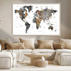 Modern Metallic World Map Canvas Wall Art | Framed Contemporary World Map Print