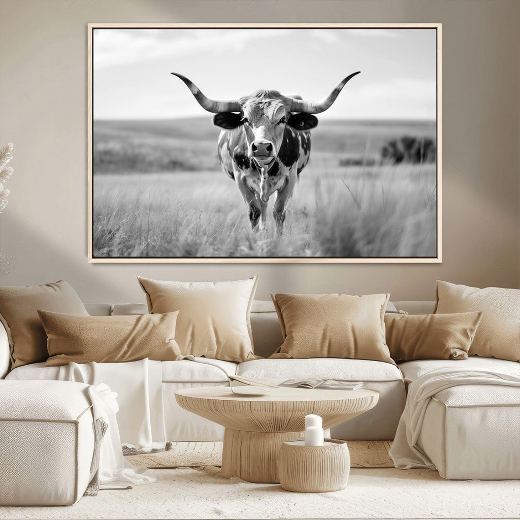 Texas Cow Longhorn Wall Art Canvas Print for Farm House Wall Art, Framed and Ready to Hang