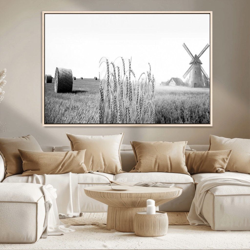 Vintage Farmhouse Black and White Triptych Wall Art, Giclee Canvas with Wheat Fields, Hay Bales and Windmill