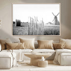 Vintage Farmhouse Black and White Triptych Wall Art, Giclee Canvas with Wheat Fields, Hay Bales and Windmill