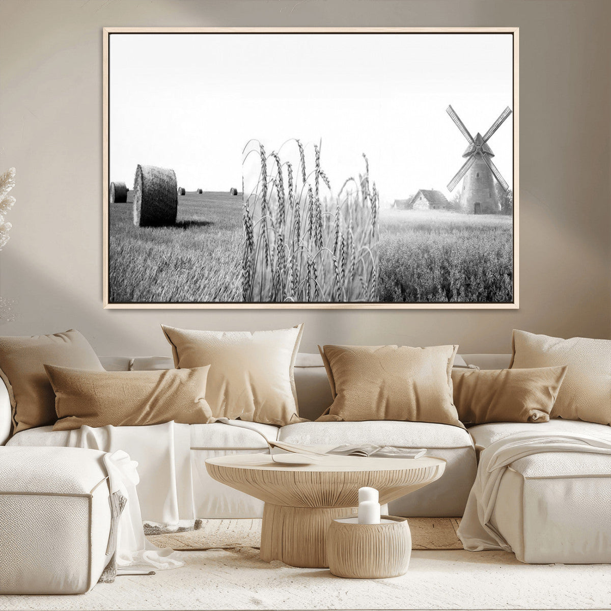 Vintage Farmhouse Black and White Triptych Wall Art, Giclee Canvas with Wheat Fields, Hay Bales and Windmill