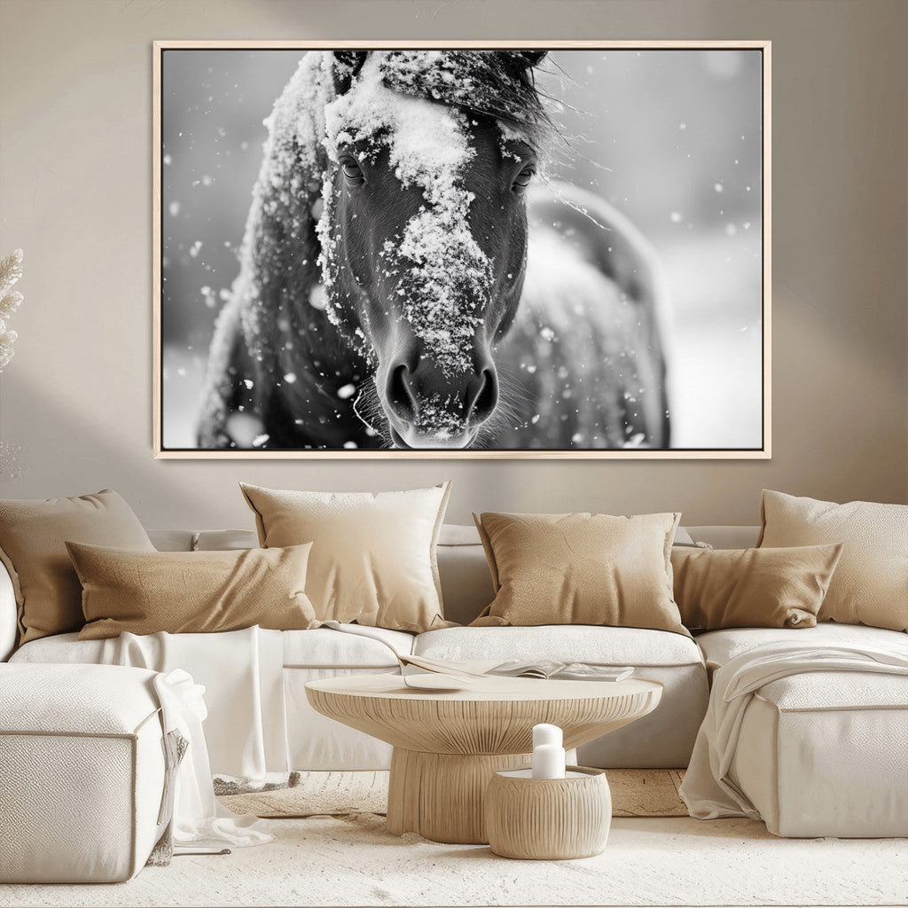 Black and White Horse Winter Wall Art, Ready to Hang