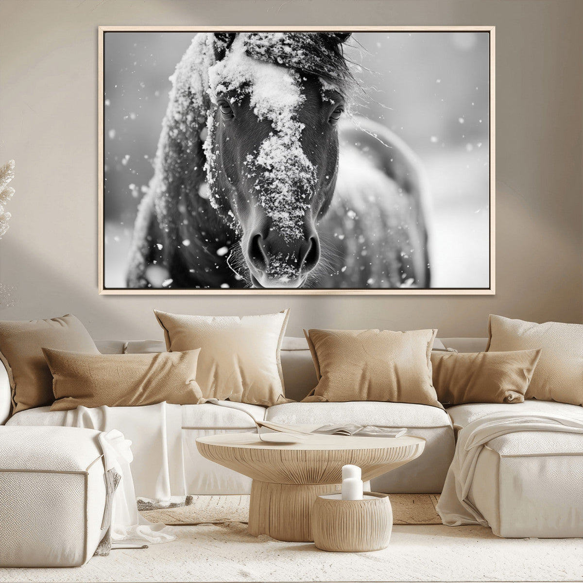 Black and White Horse Winter Wall Art, Ready to Hang