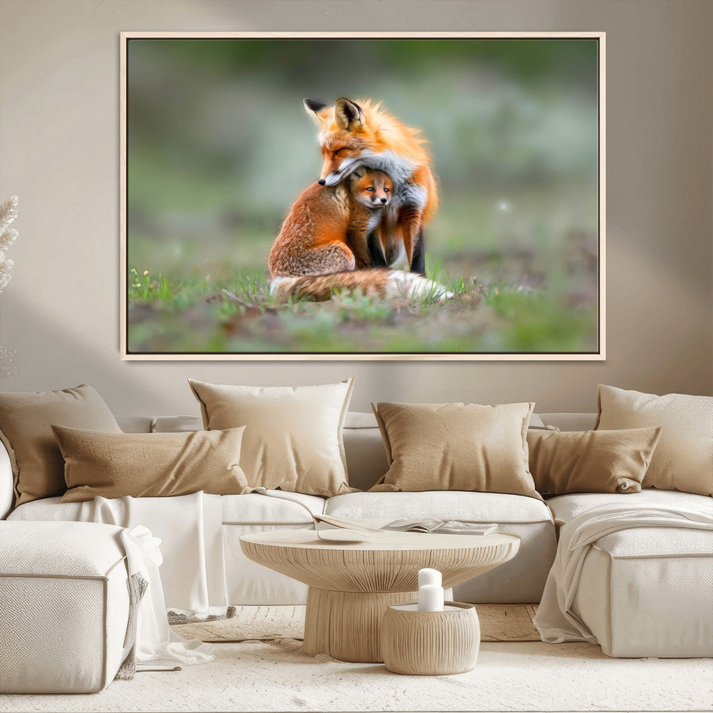 Heartwarming Fox and Baby Cub Wall Art | Canvas Print of Foxes in Nature