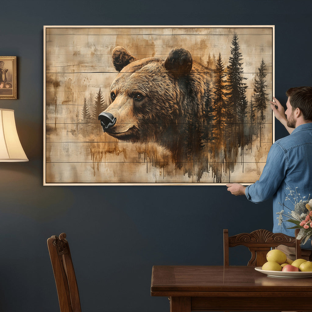 Rustic Grizzly Bear Wall Art, Abstract Grizzly 399 Bear Canvas Print, Woodland Wildlife