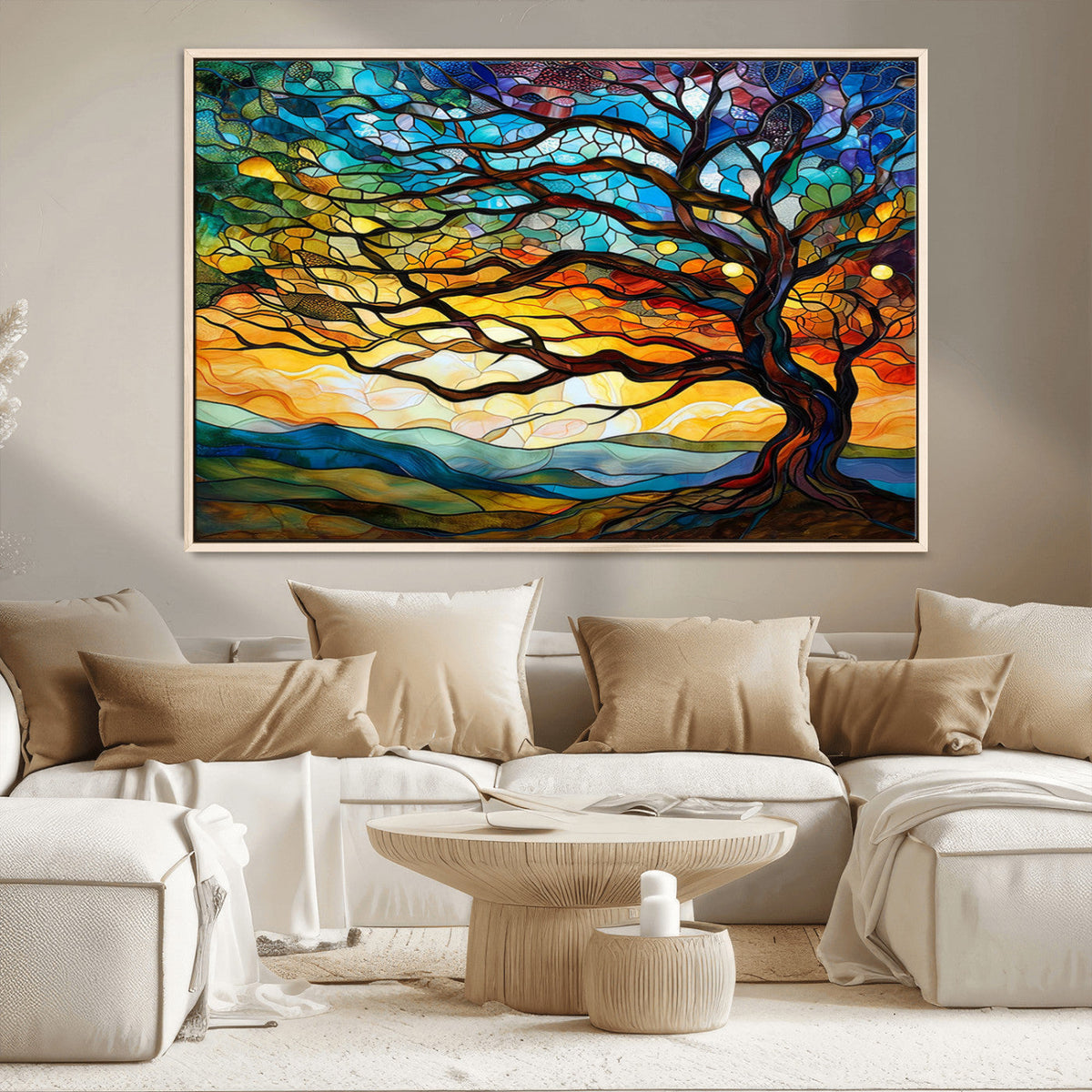 Vibrant Mosaic Tree of Life Wall Art, Stained Glass Style Canvas Print