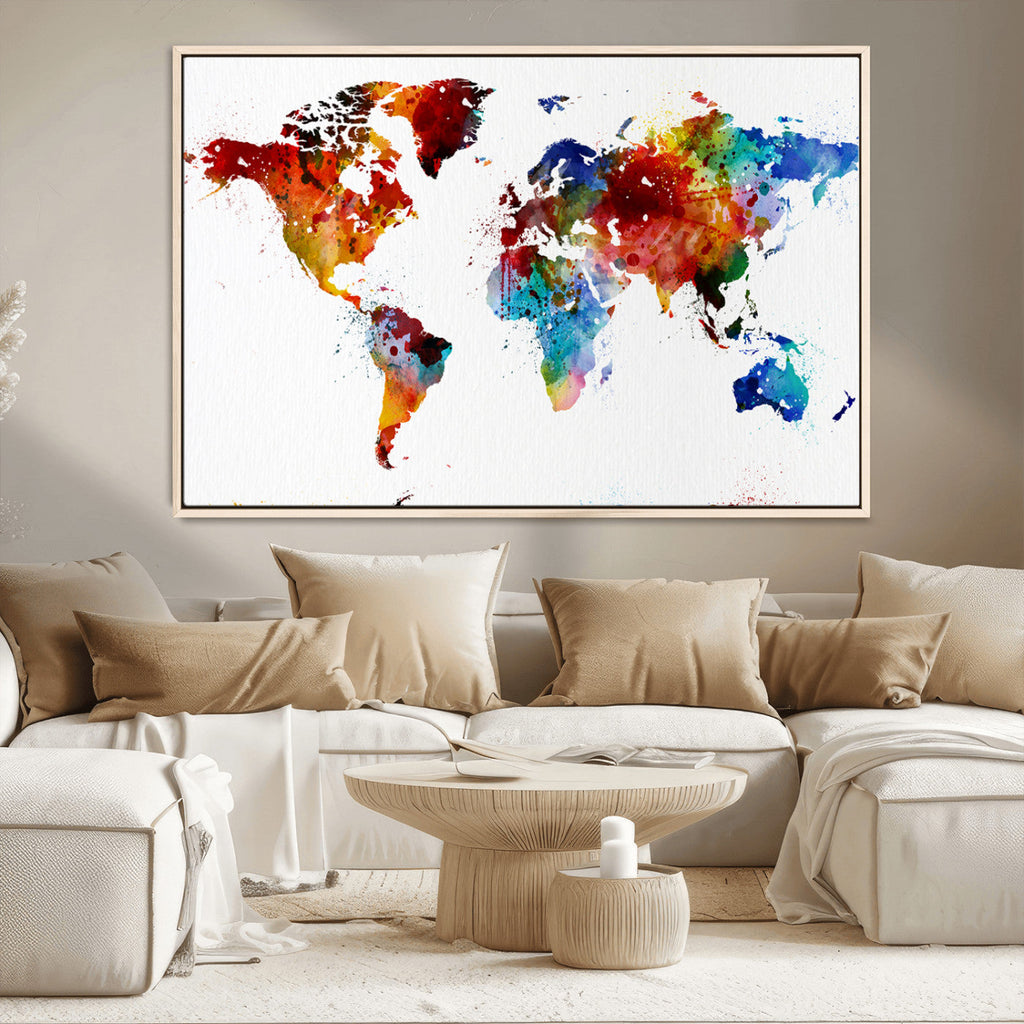 Colorful World Map Canvas Wall Art Print, Contemporary Global Map Artwork