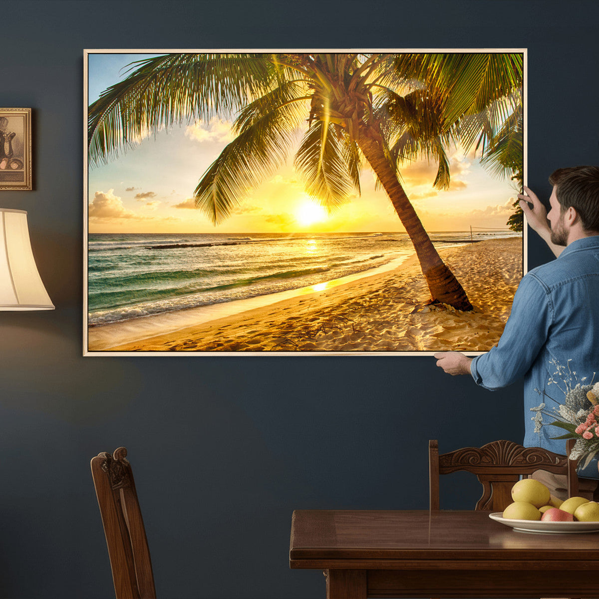 Beach Sunset Canvas Wall Art Print - Tropical Beach Canvas With Palm Trees