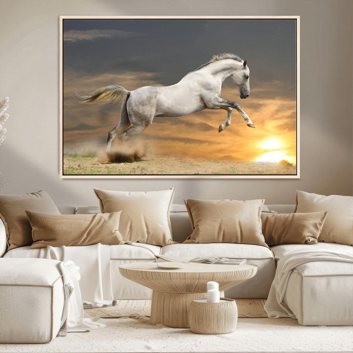 Large Wall Art Canvas Print, White Jumping Horse at Sunset