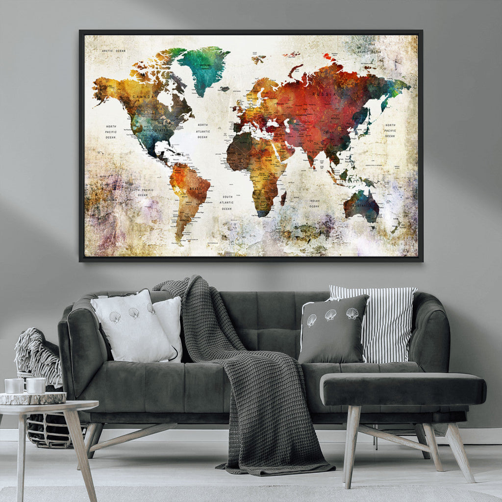 Watercolor World Map Canvas Print | Framed Travel Map Wall Art for Couples