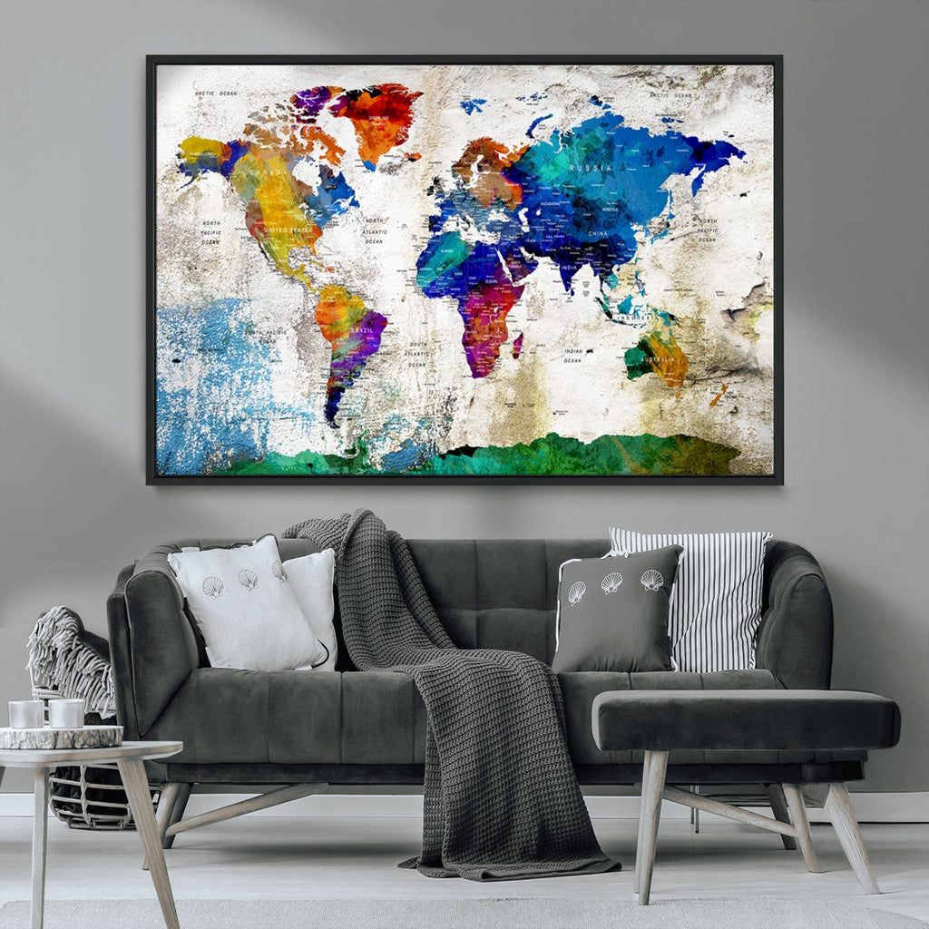 Navy Blue and Orange Watercolor World Map Canvas Print | Framed Travel Map