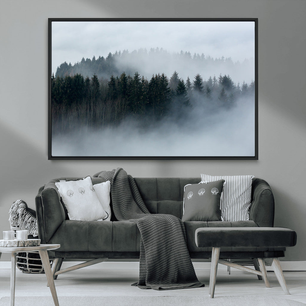 Autumn and Misty Trees in the Forest Wall Art Canvas Print, Foggy Forest Mountain Wall Art