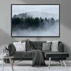 Autumn and Misty Trees in the Forest Wall Art Canvas Print, Foggy Forest Mountain Wall Art