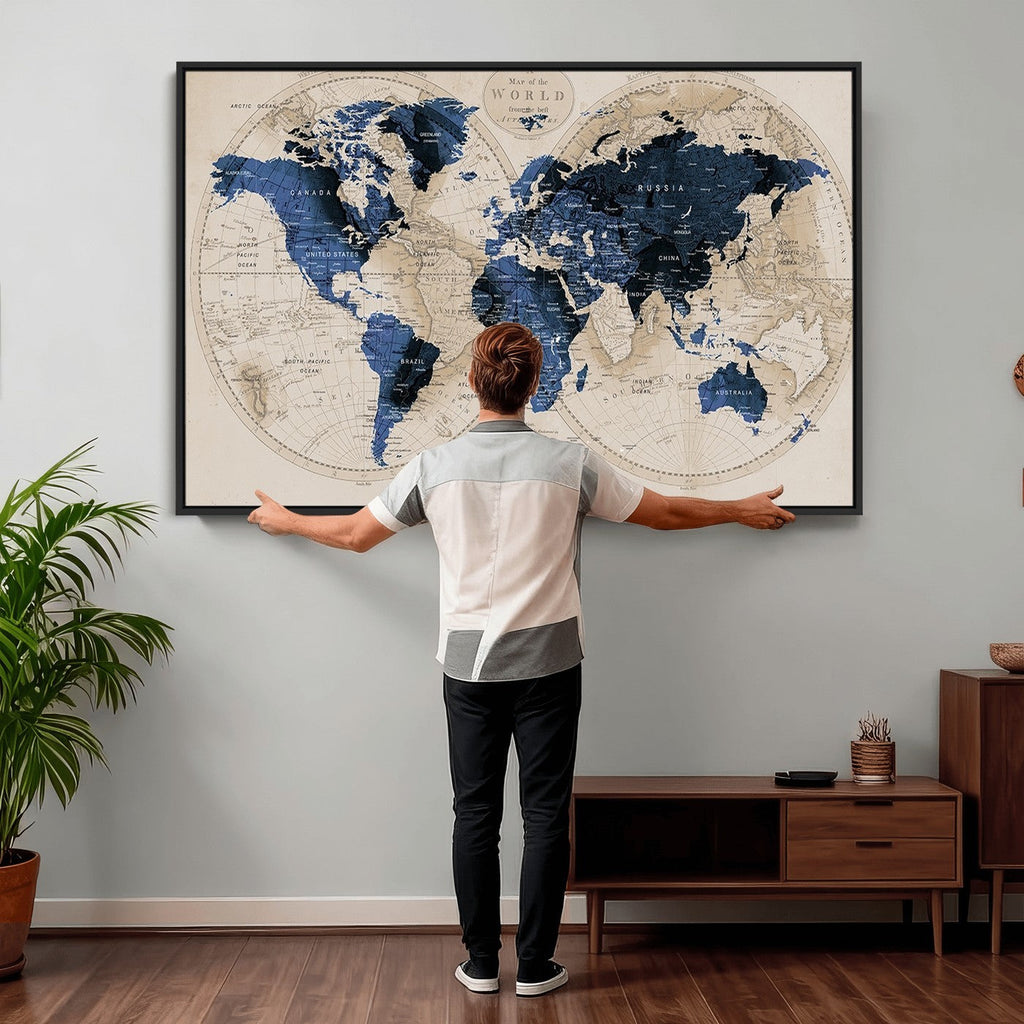 Vintage Blue World Map Canvas Wall Art | Antique Style Framed Map Print
