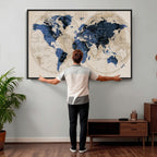 Vintage Blue World Map Canvas Wall Art | Antique Style Framed Map Print
