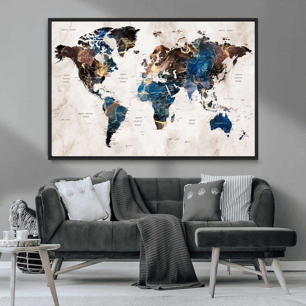 Abstract Earth Tone Blue World Map Canvas Print | Framed Travel Map Wall Art