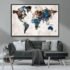 Abstract Earth Tone Blue World Map Canvas Print | Framed Travel Map Wall Art