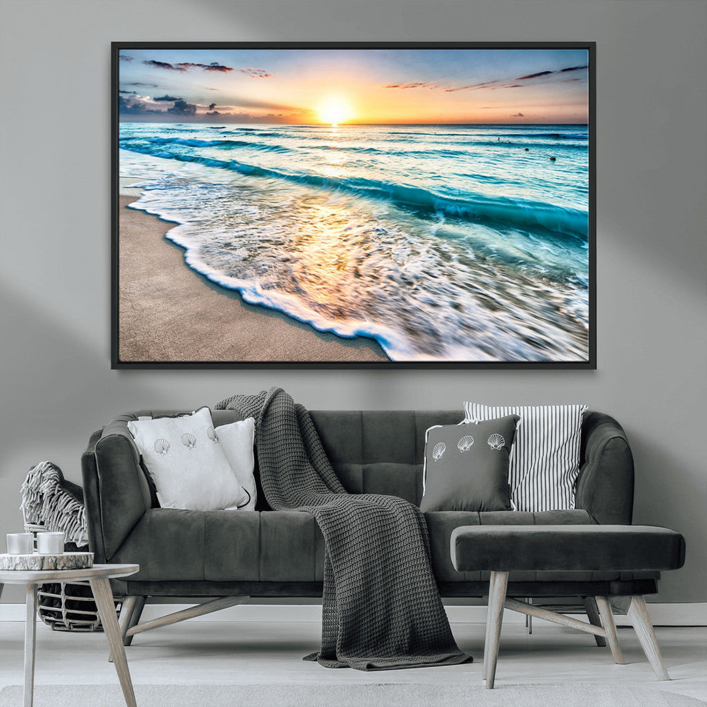 Sunset Beach Waves Canvas Wall Art | Ocean Sunset Coastal Print