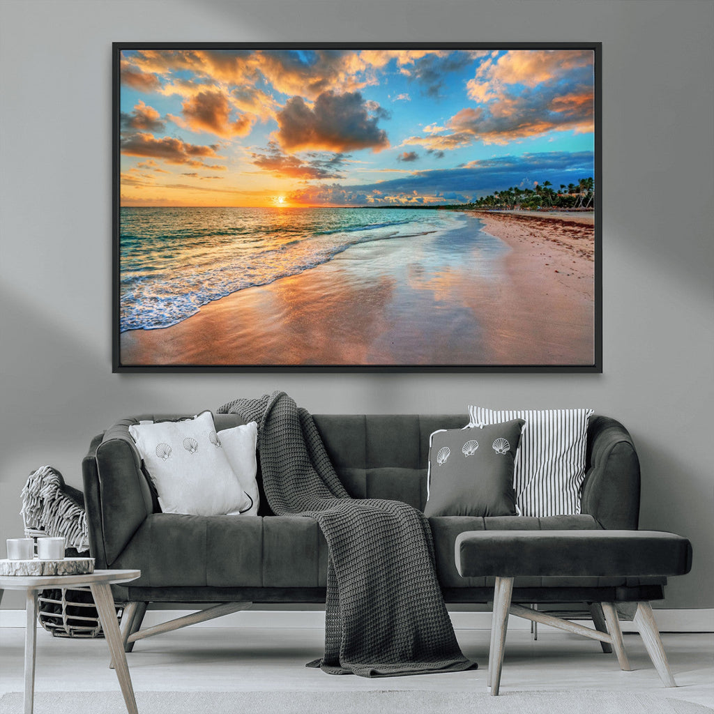 Sunset Beach Canvas Wall Art | Tropical Triptych Seascape Print