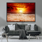 Red Sunset Ocean Beach Canvas Wall Art, Coastal Sunset Print