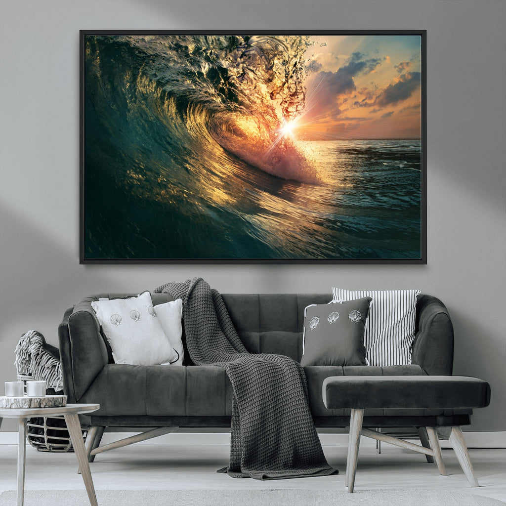 Ocean Wave Sunset Canvas Wall Art | Triptych Seascape Print