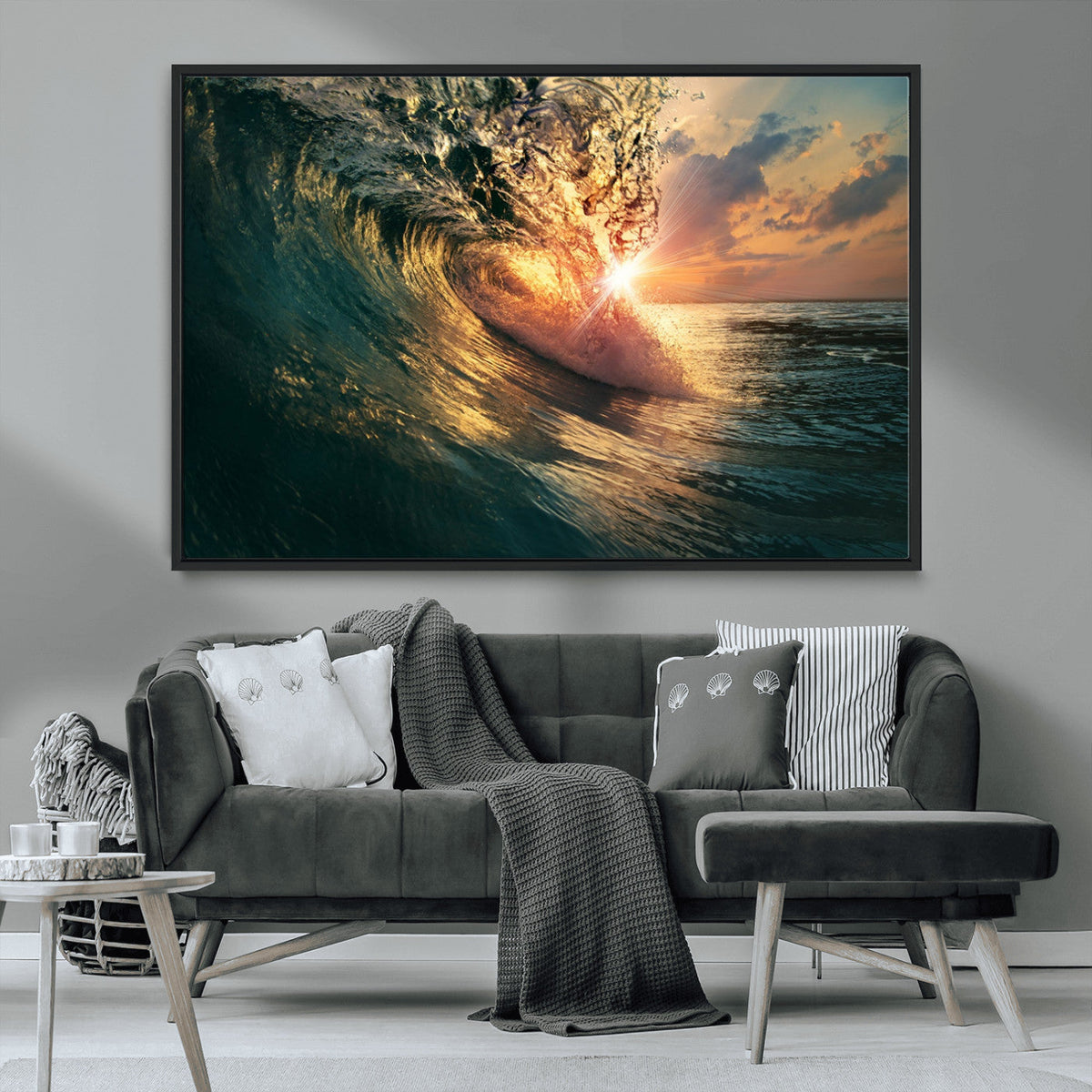 Ocean Wave Sunset Canvas Wall Art | Triptych Seascape Print