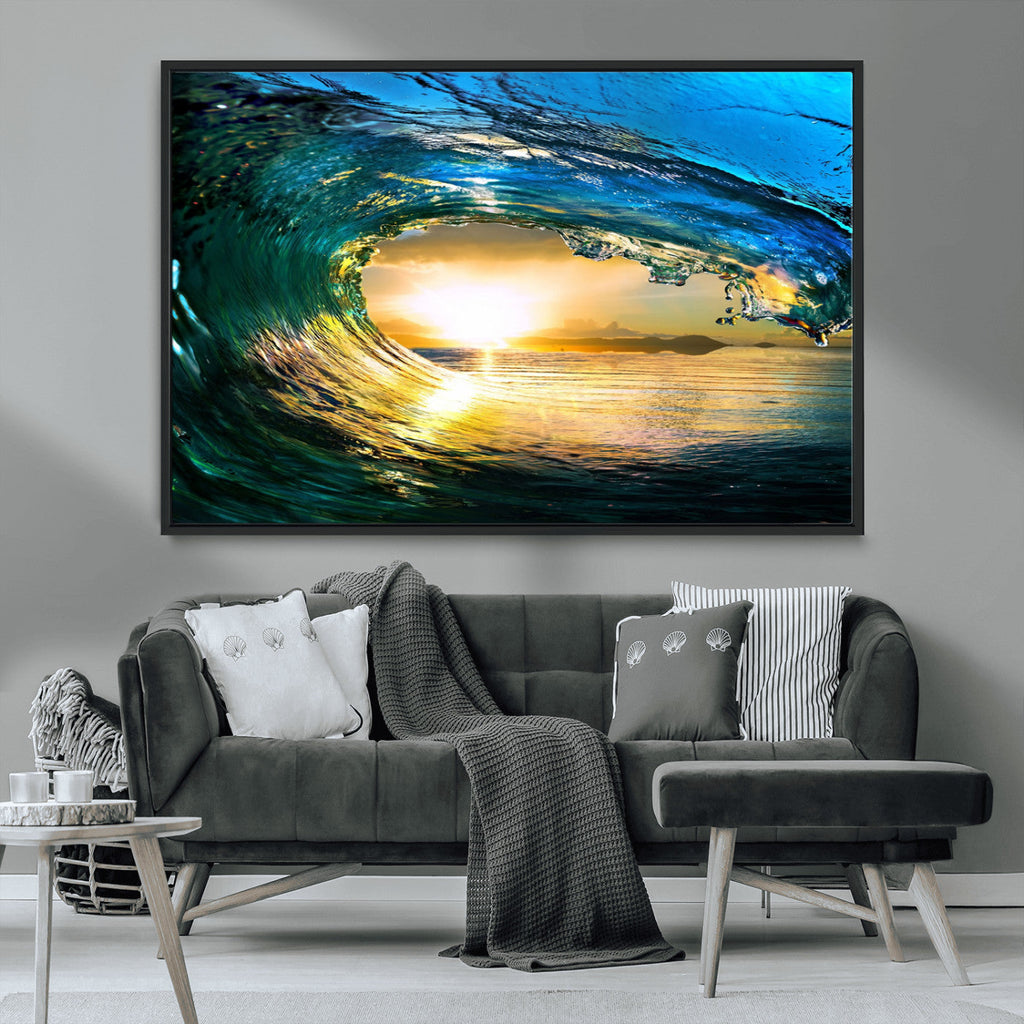 Ocean Wave at Sunset Canvas Art, Large Wall Print of Vibrant Surfing Wave