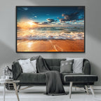 Golden Sunset Beach Triptych Canvas Art, Giclee Coastal Wall Decor, Ocean Waves Print