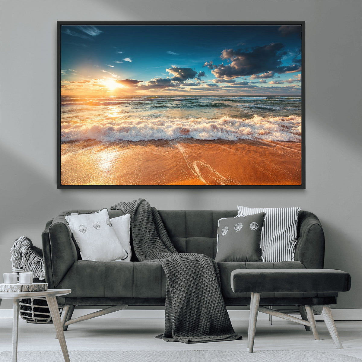 Golden Sunset Beach Triptych Canvas Art, Giclee Coastal Wall Decor, Ocean Waves Print