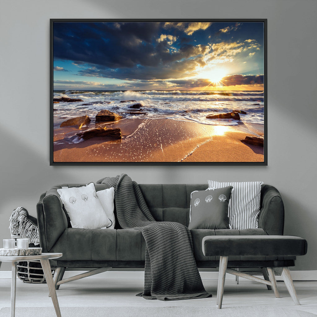 Golden Hour Beach Sunset Canvas Triptych, Ocean Waves and Rocks Wall Art