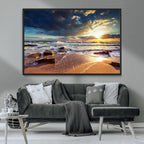 Golden Hour Beach Sunset Canvas Triptych, Ocean Waves and Rocks Wall Art