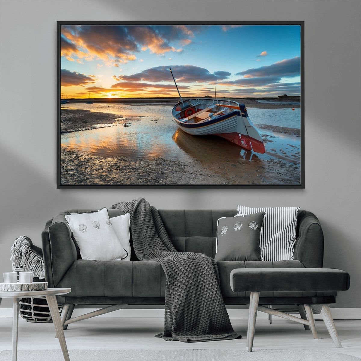 Small Boat At The Beach Sunset Wall Art, Boat Sunset Wall Art Canvas Print